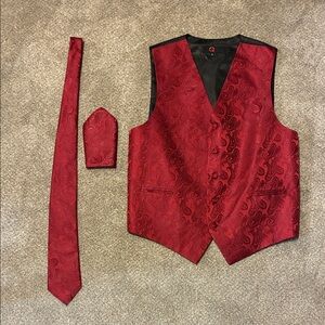 Red Paisley Men's Vest, Tie & Pocket Square Set